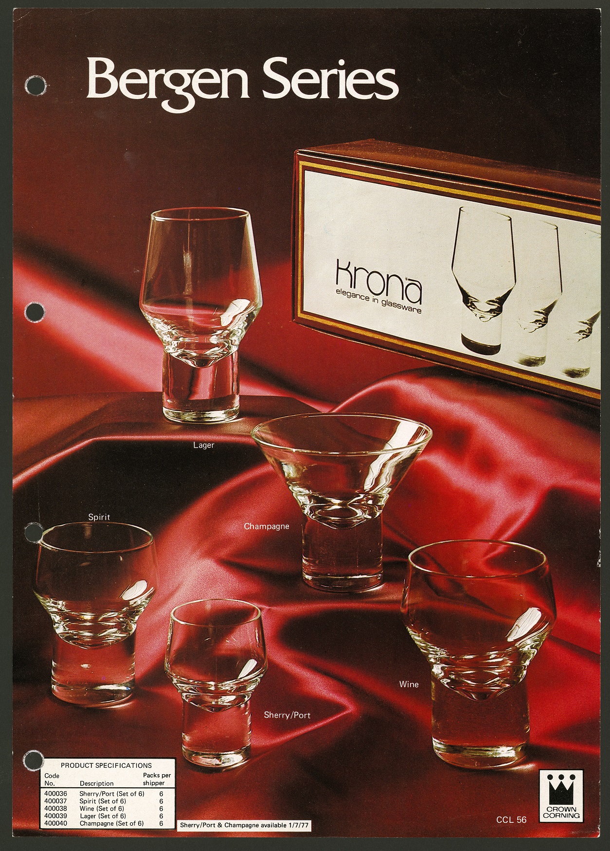 Advertising photograph for 'Bergen Series' drinking glasses. Glasses of various shapes and sizes are displayed on a red satin fabric, with packaging for the glasses in the background.